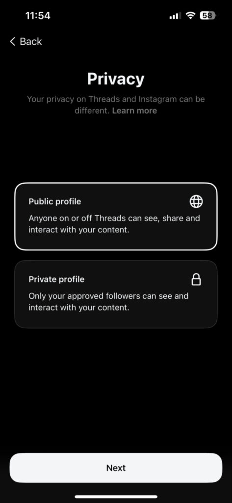 Threads privacy settings