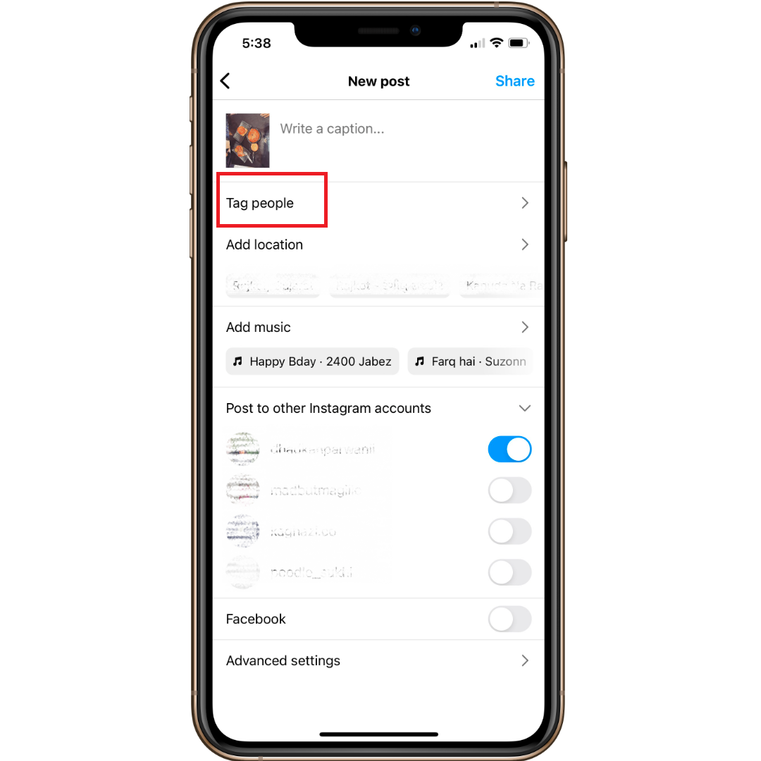Before the publish page, tag People option in instagram