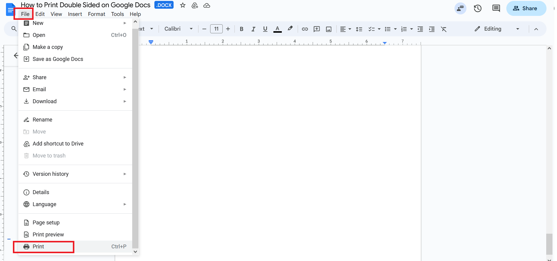 Click on File and Select Print in Google Doc