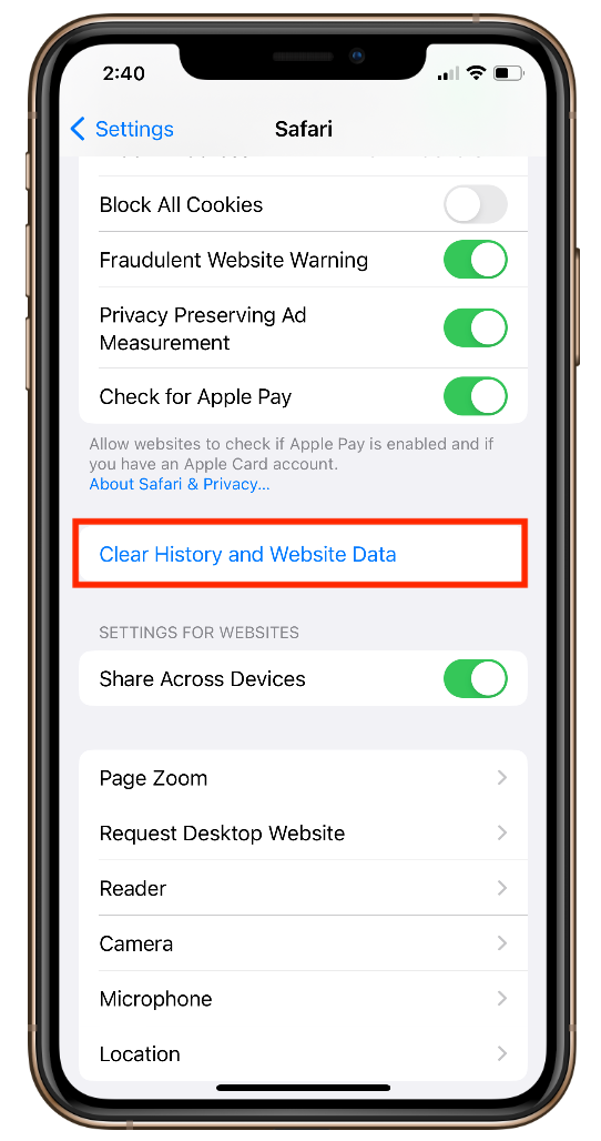 Clear History and Website Data