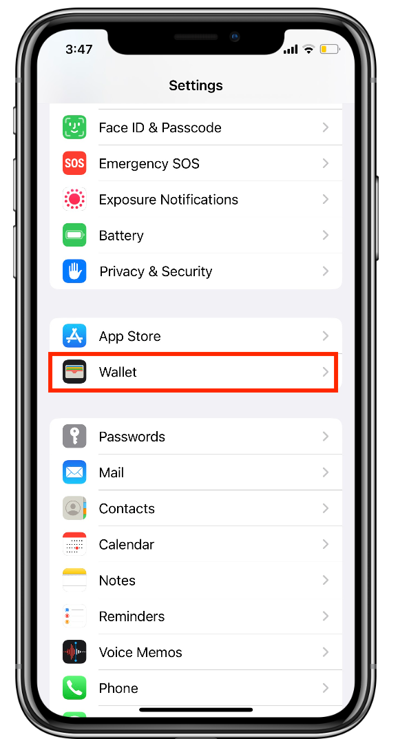 Tap on the Wallet option on the iPhone