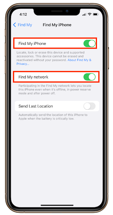 Turn off Find My iPhone and Find My Network