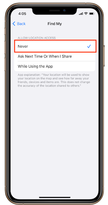 Update allow location access to Never