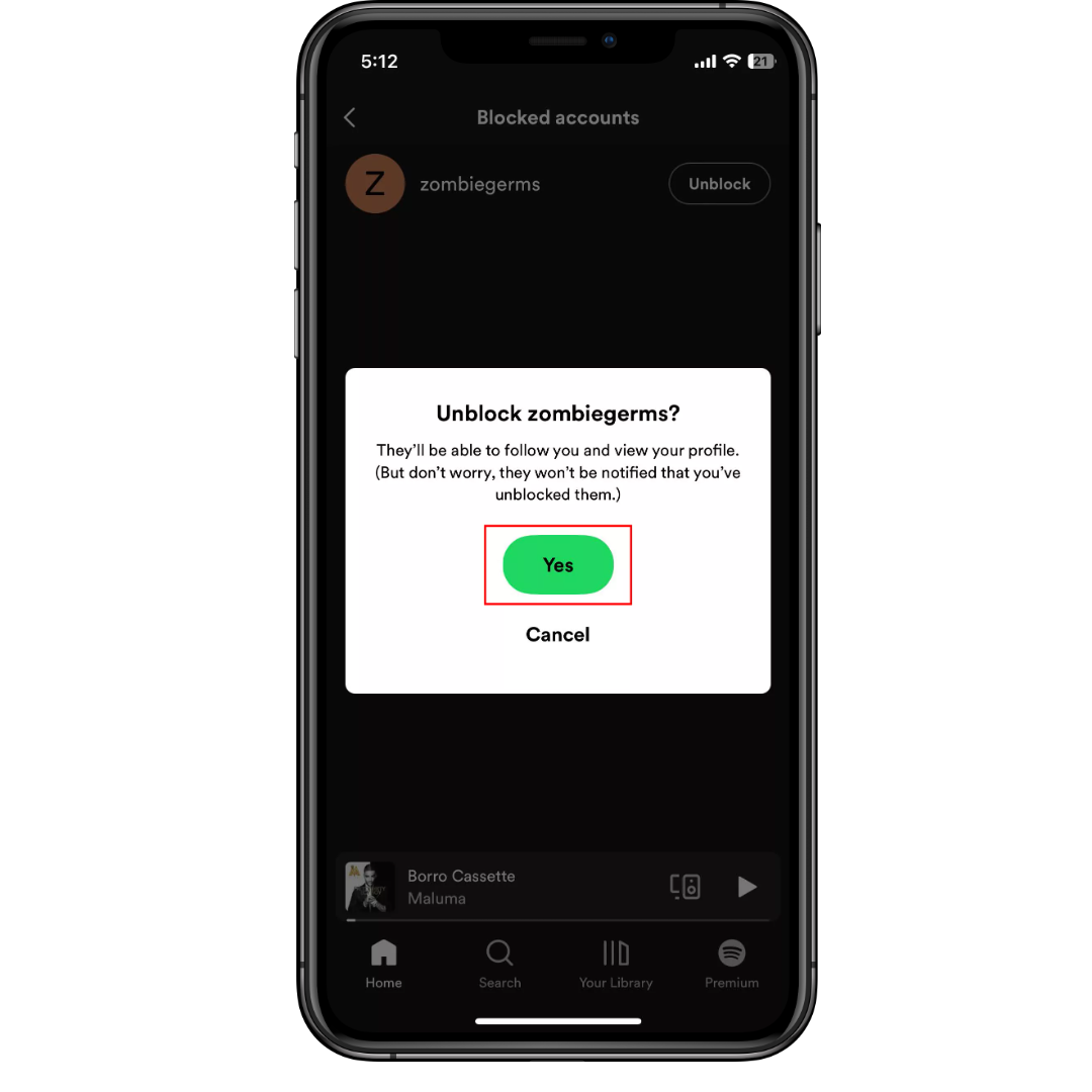 Confirm Unblock in Spotify