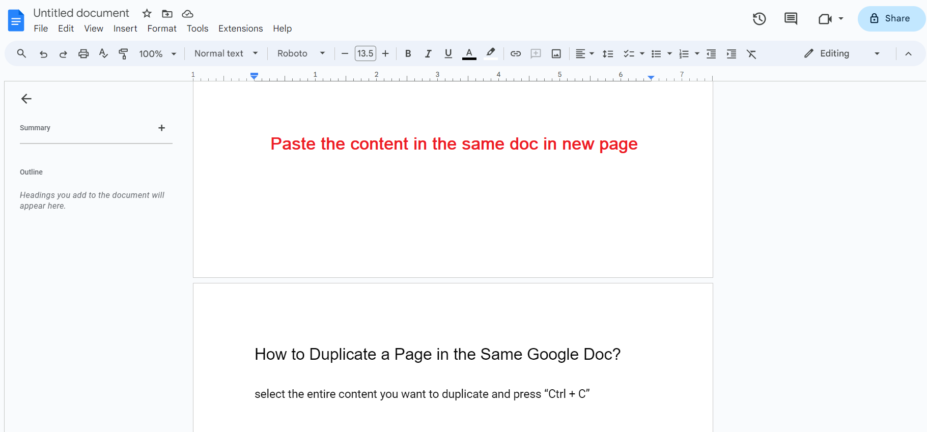 Copy Paste Content in the same Google Doc