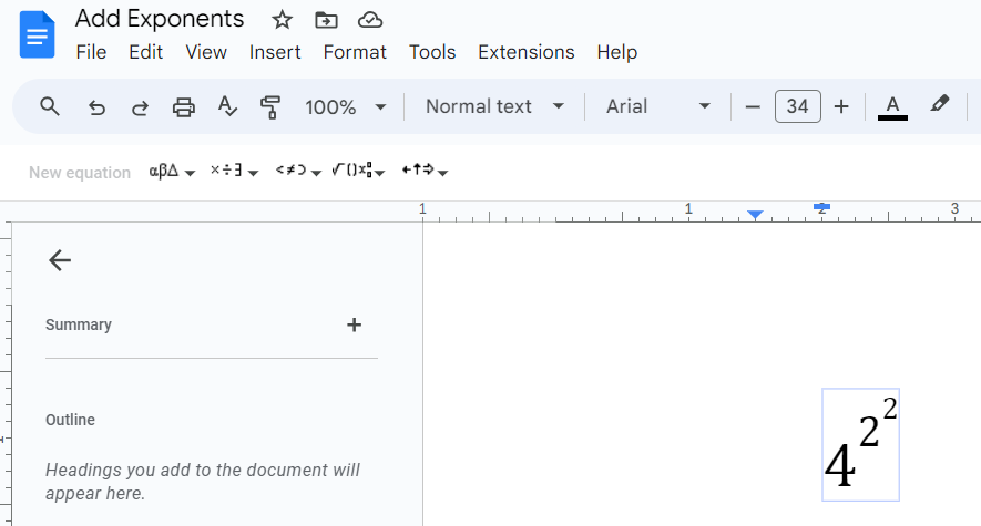 Add Exponents by Equation Method in Google Docs