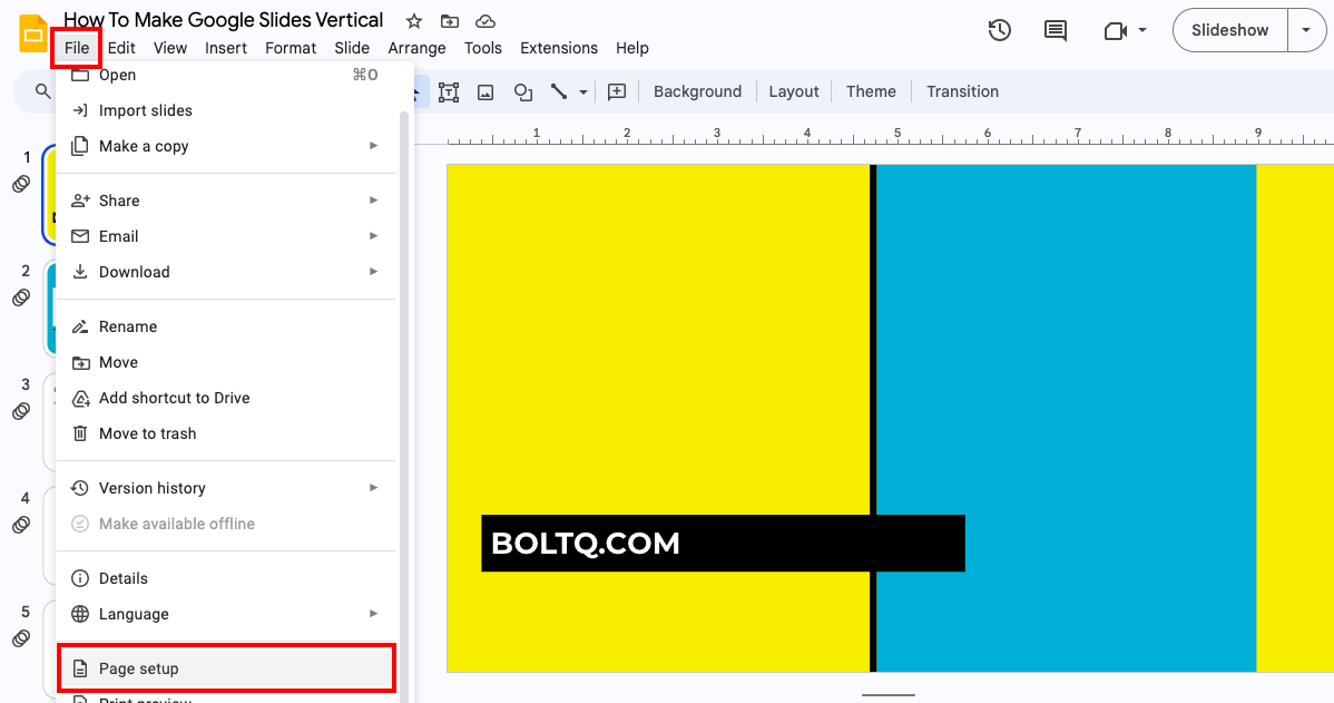 Choose Page Setup to Change Aspect Ratio