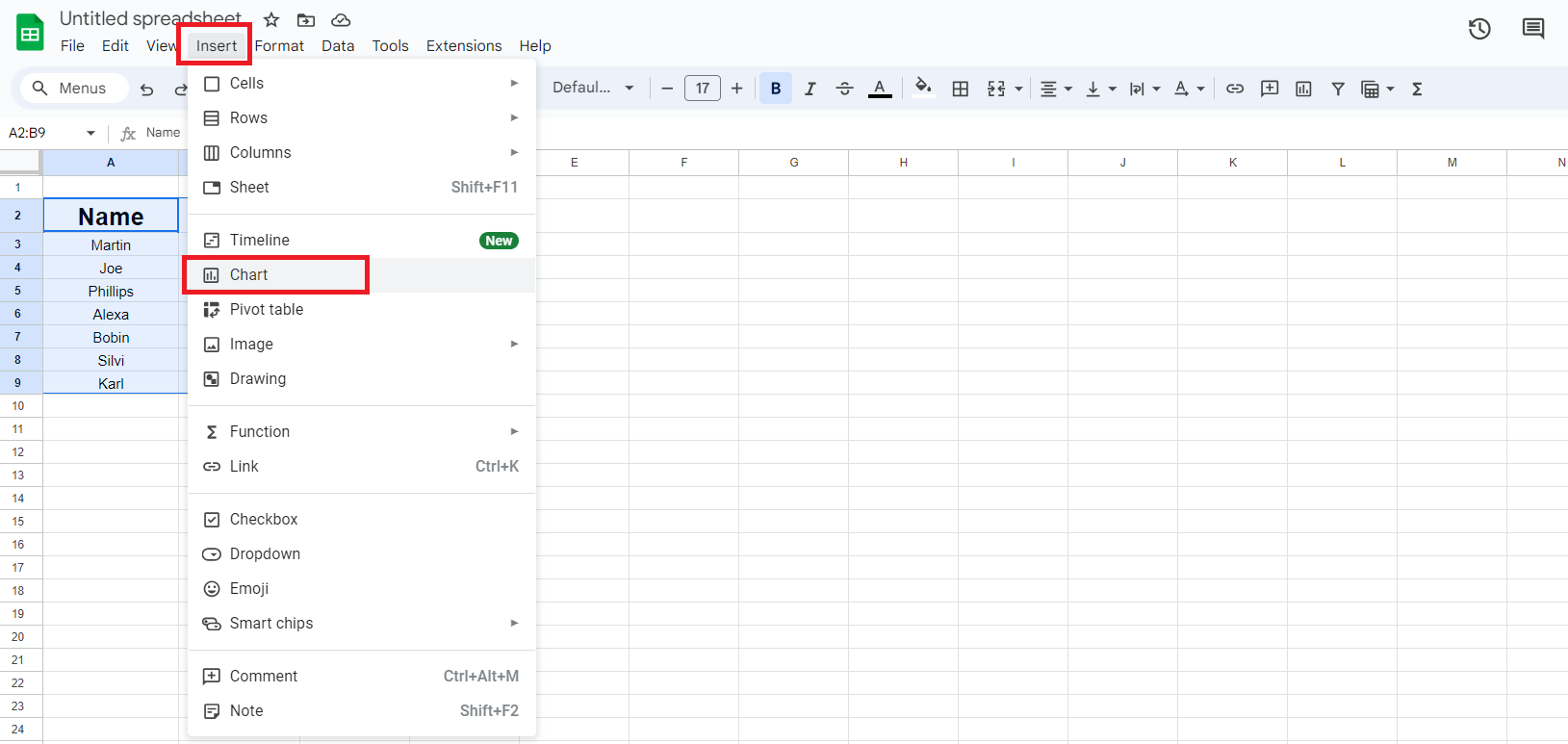 Click the Insert tab and select Chart in google sheet