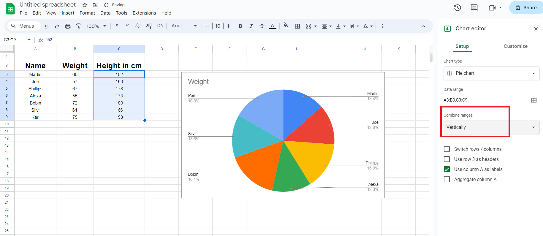 Combined Pie Chart in google sheet