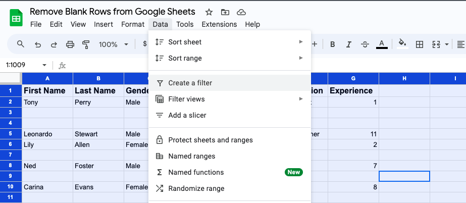 Create Filter in Google Sheets