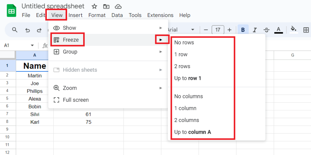 Freeze in google sheet