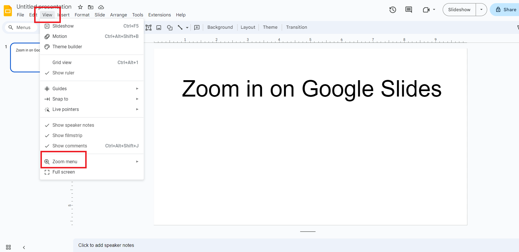 Go to View and Navigate to Zoom in Google Slides