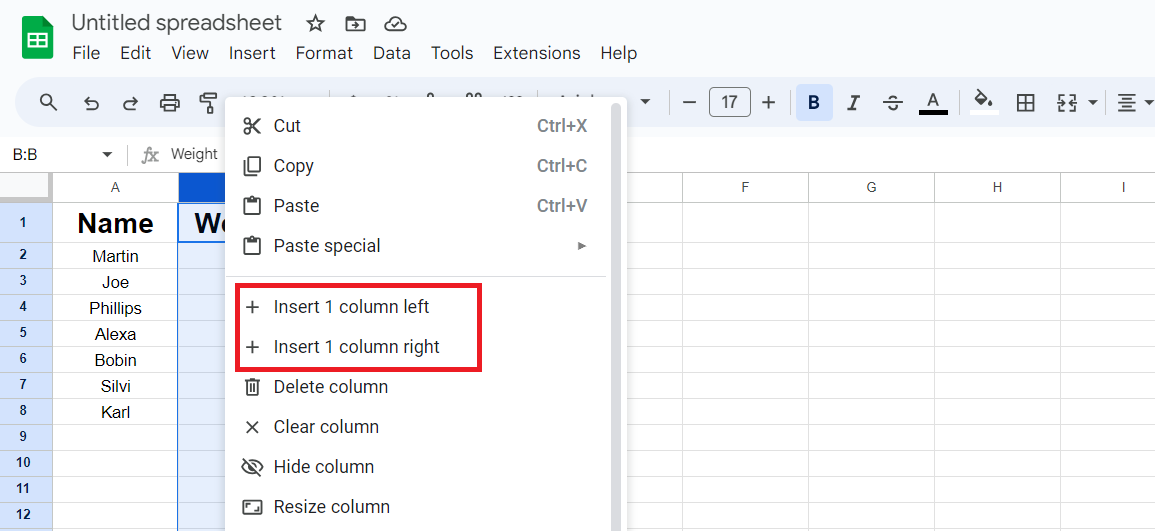 Insert Column Left-Right in google sheet