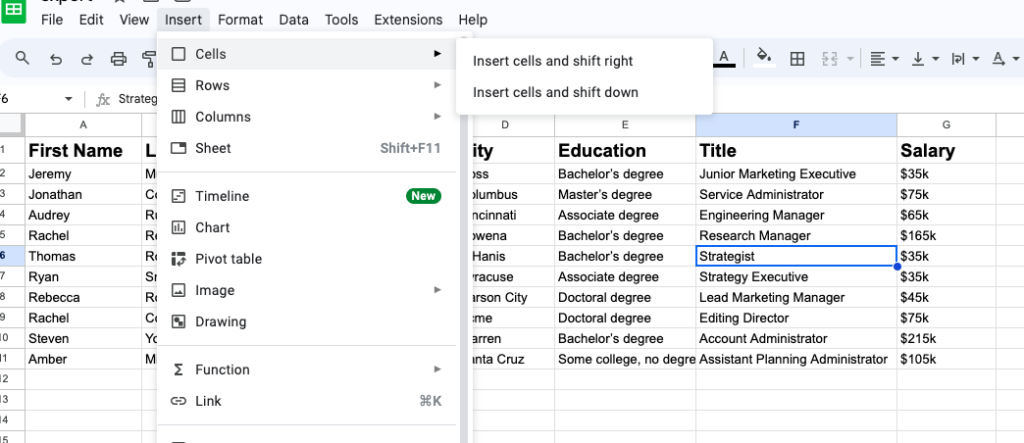 Insert a Single New Cell in Google Sheets