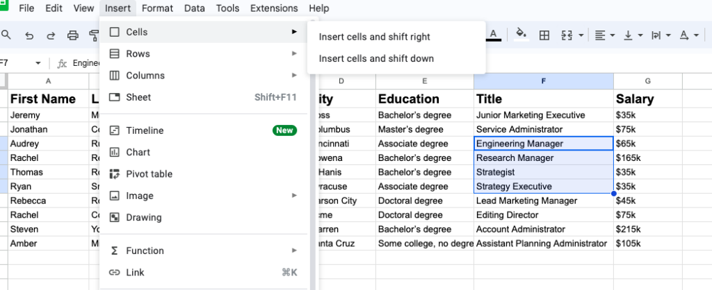 Inserted Multiple Cells in Google Sheets