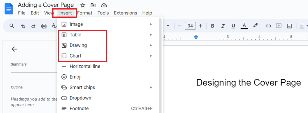 Inserting Tables, Drawings, and Charts in google doc