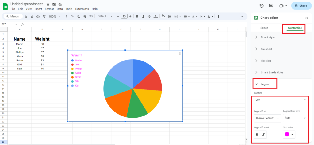 Legend Option in pie chart in google sheet