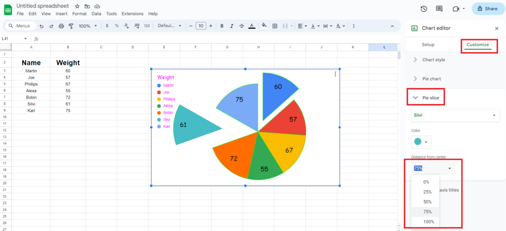 Make a Pie Chart with Percentage in google sheet 