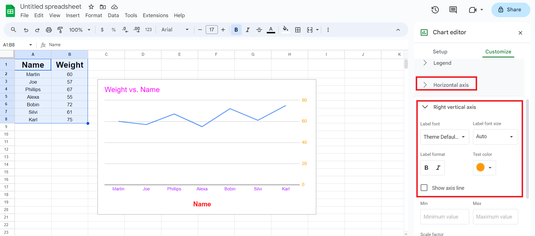 Navigate to the Horizontal or vertical axis