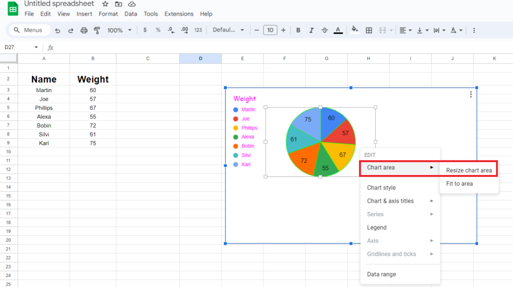 Resize Pie Chart Area in google sheet