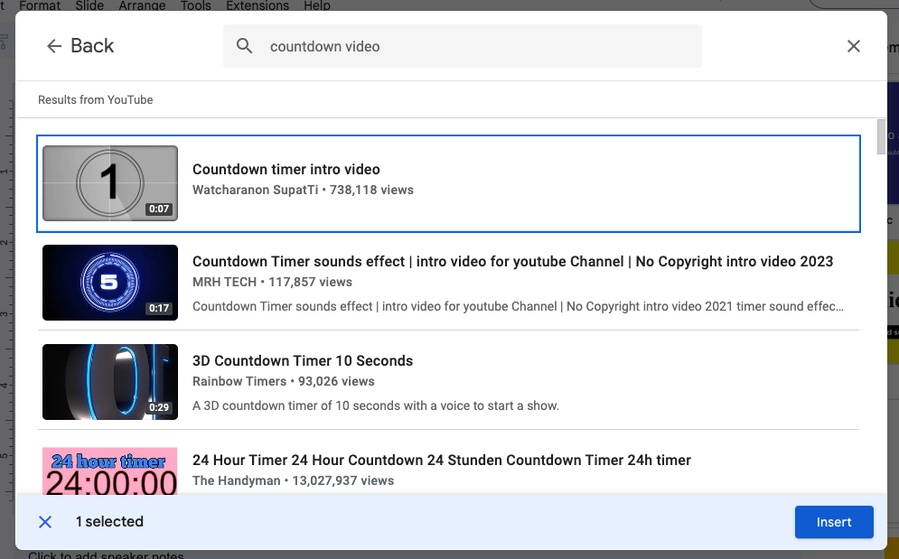 Search and insert for countdown videos from YouTube