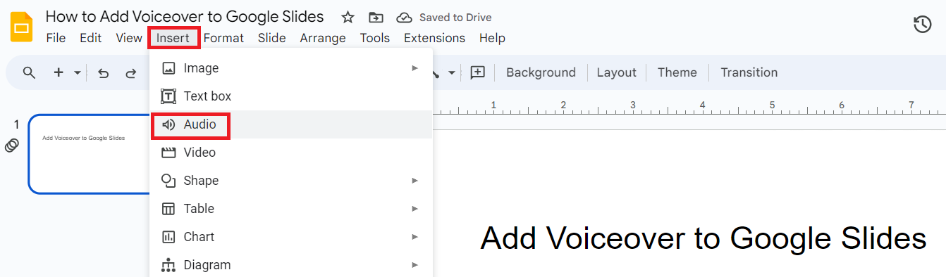 Select Audio from Insert Menu in Google Slides