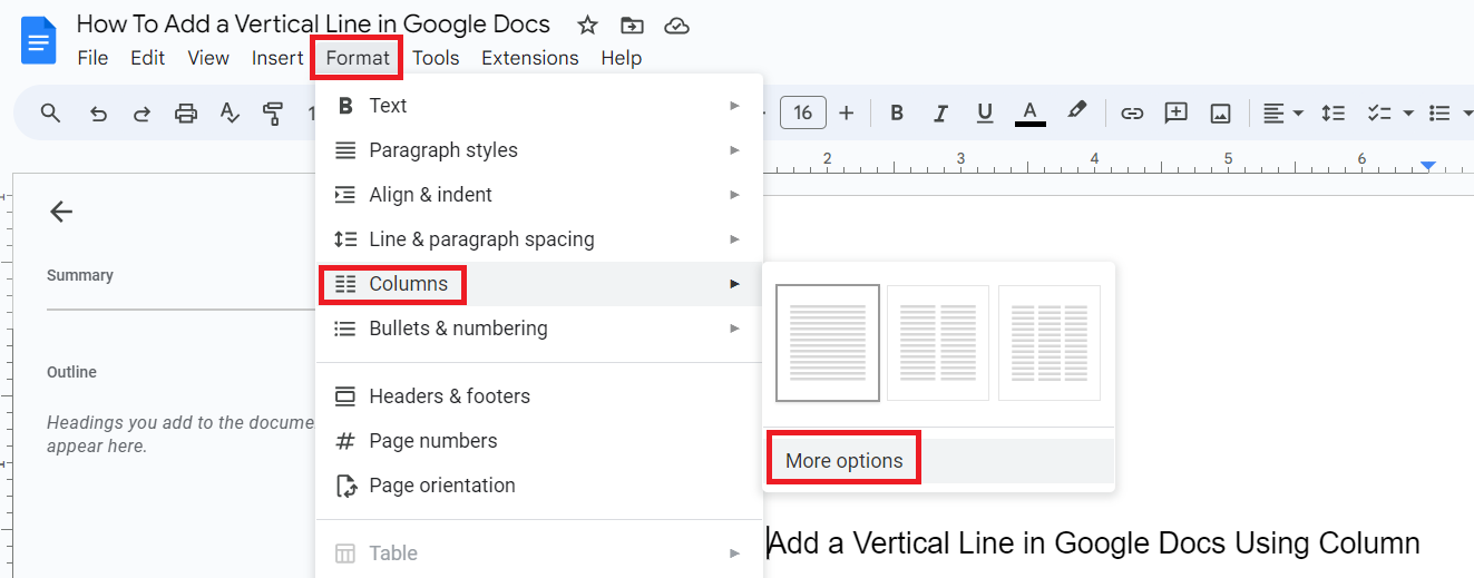 Columns in Google Docs