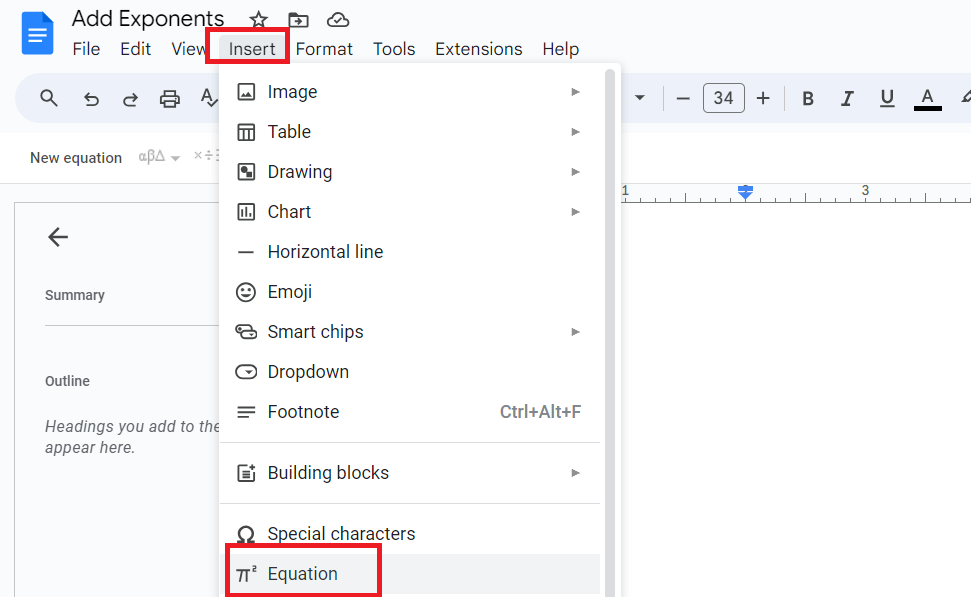 Select Equation from insert menu in google docs