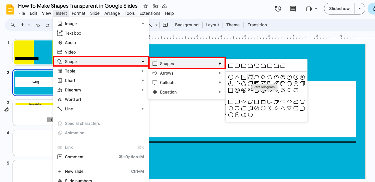 Inserting a Shape in Google Slides