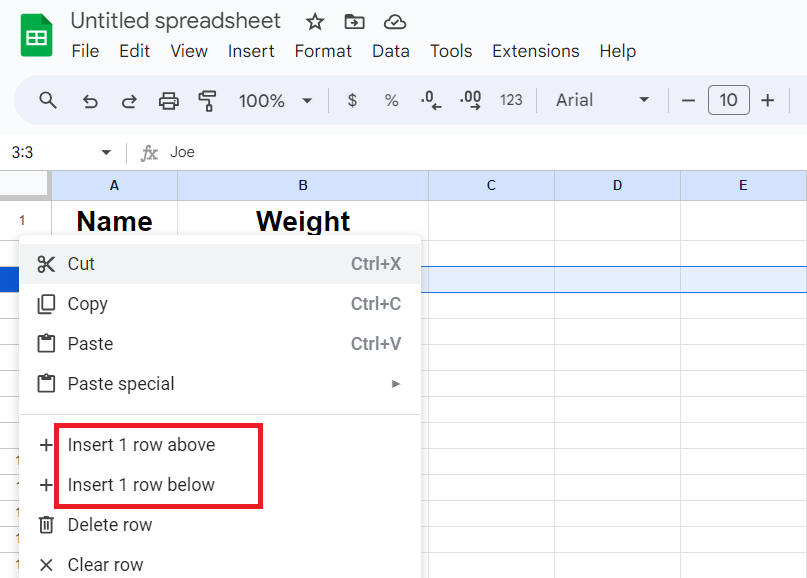 Select Insert row above or below