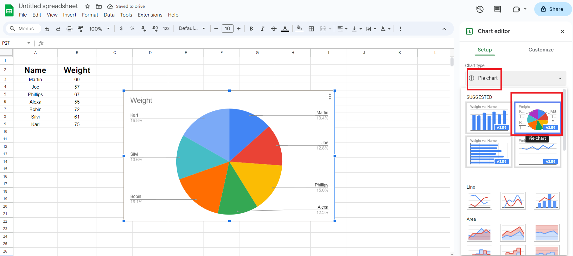 Select Pie Chart in google sheet