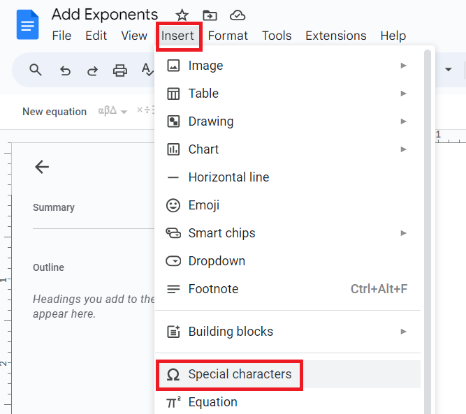 Navigating to Special Characters Option in Google Docs
