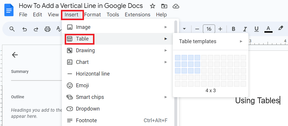 Select Table from Insert menu in Google Docs