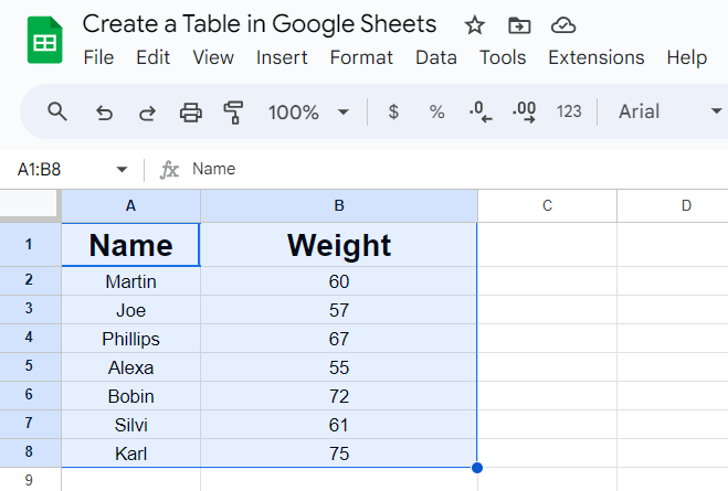 Select all the cells to create table