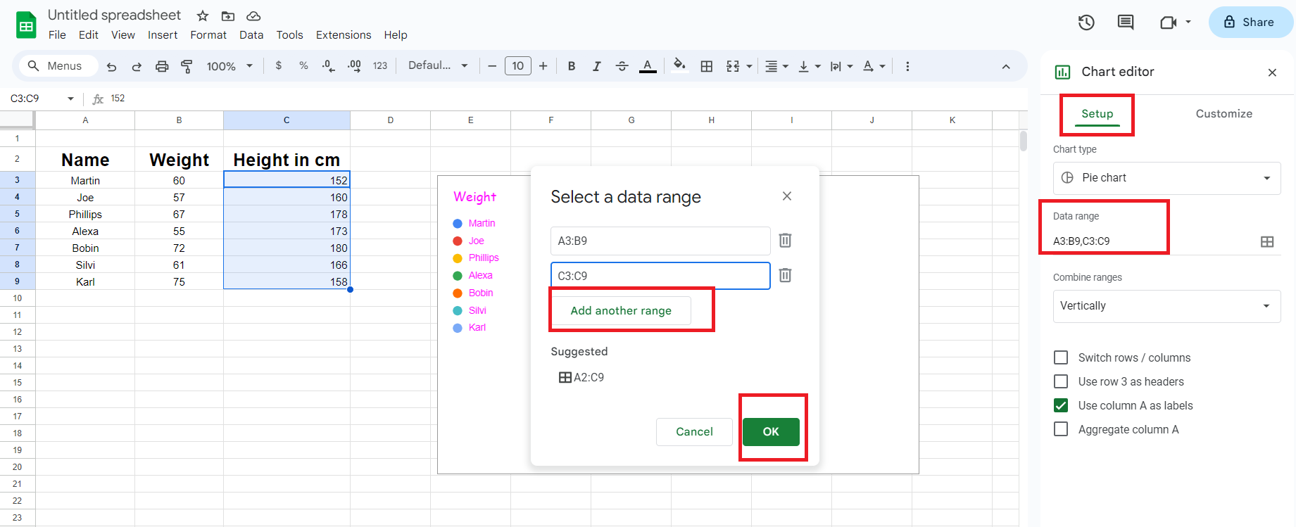 Select date range to Make a Double Pie Chart in google sheet