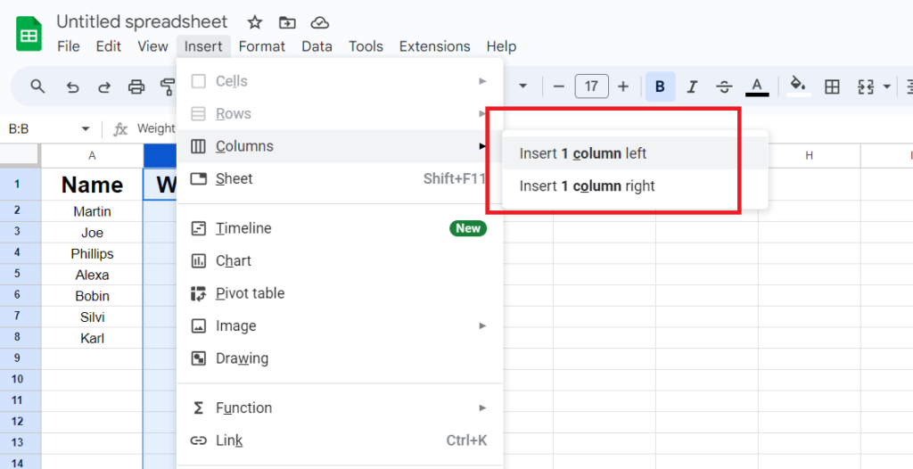 Insert Method to Add Column in google sheet