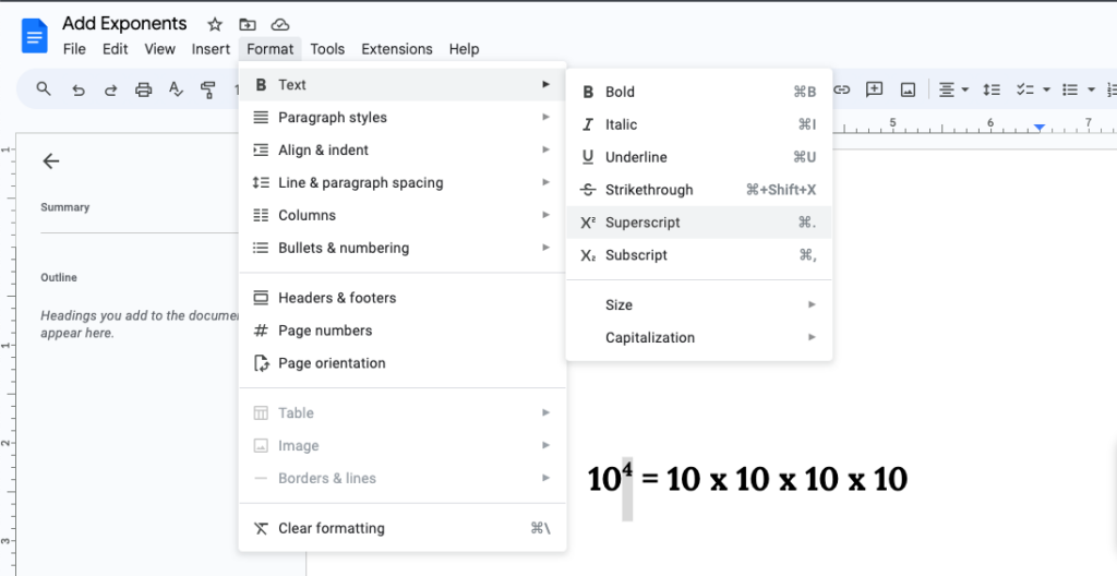 Superscript Method to Exponents in Equation