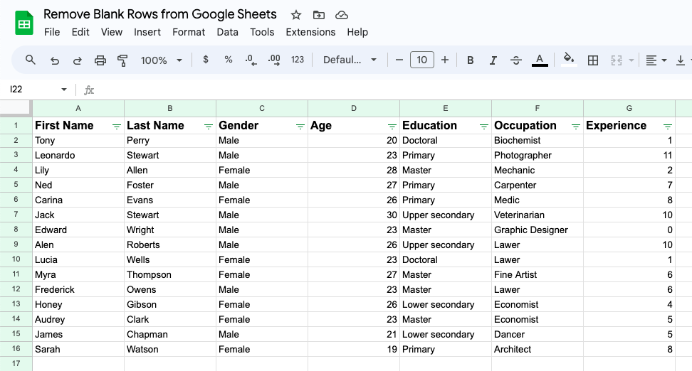 Final Output after Deleting Blank Rows