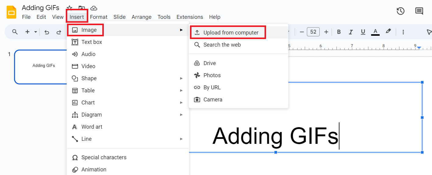 Uploading a GIF in Google Slides