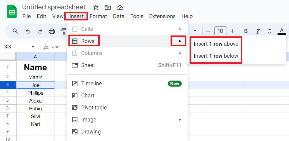 Use the Insert Tab to insert row in google sheet