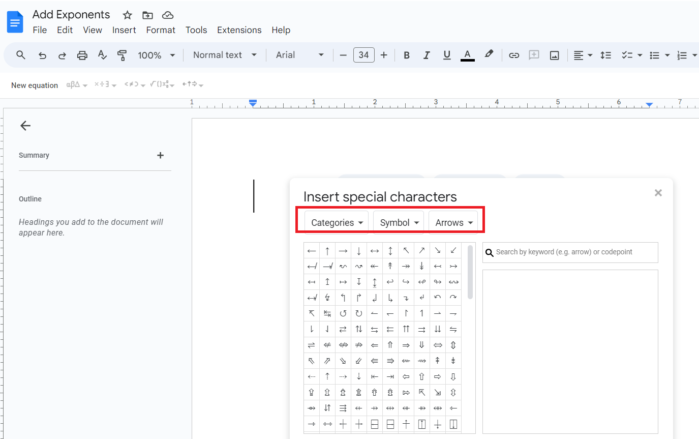 different dropdown filters to find special character in google docs