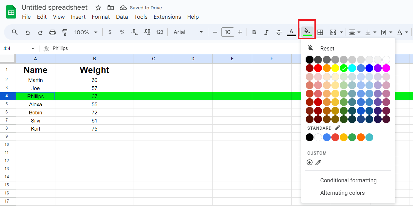 Fill color in row in a Google Sheet