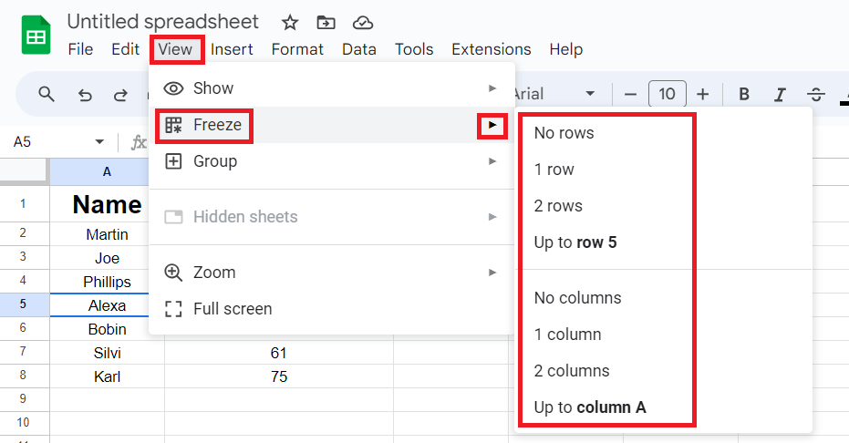 Freeze Rows in Google Sheets