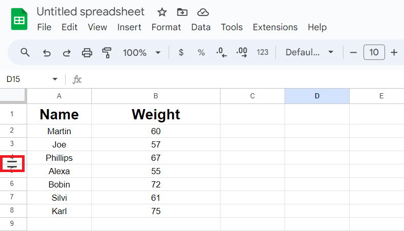 hover between two row numbers to resize row in google sheet