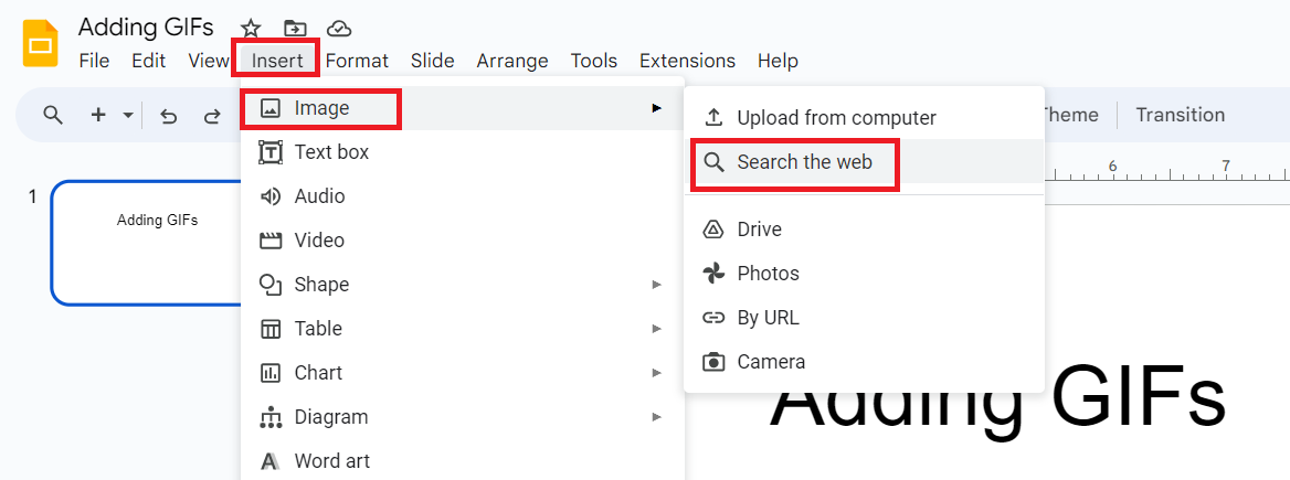 insert GIF using search web option