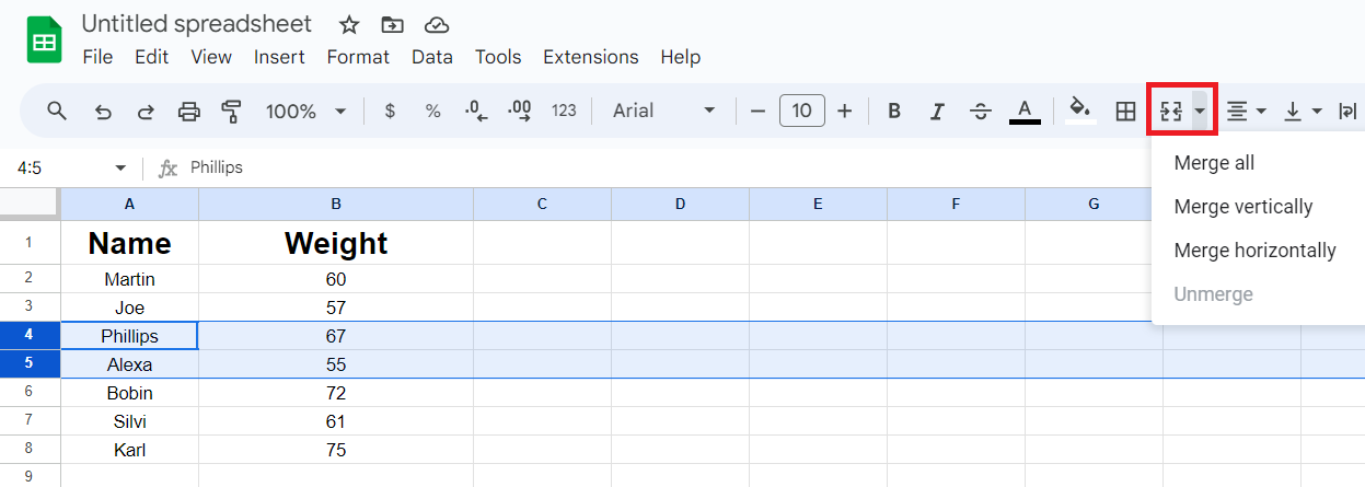 merge rows in googel sheet