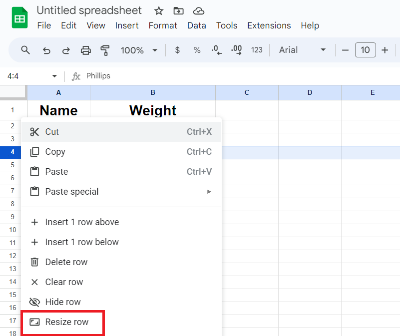 resize row in google sheet