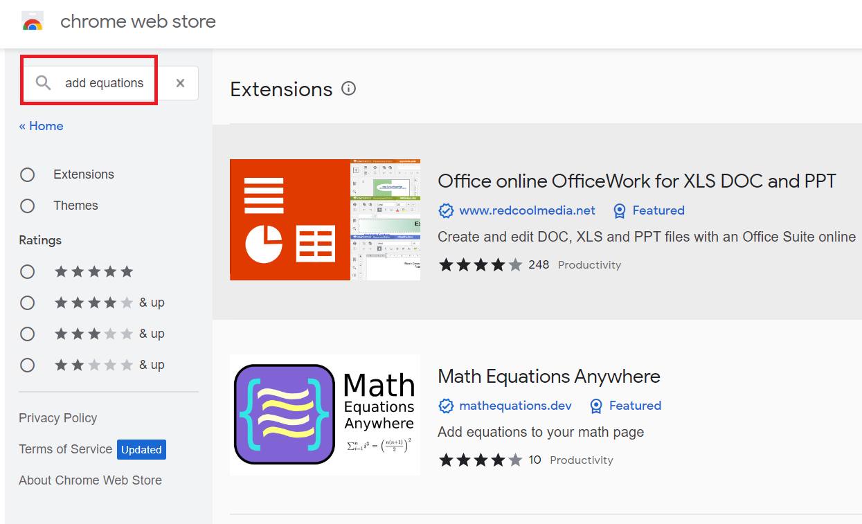 search for an extension to add mathematical equation