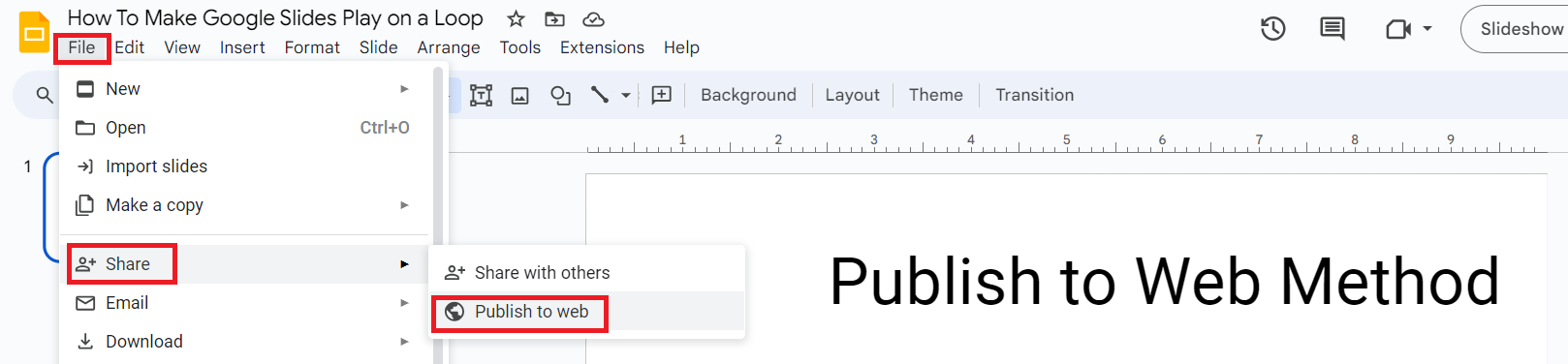 Navigating to Publish to Web Menu