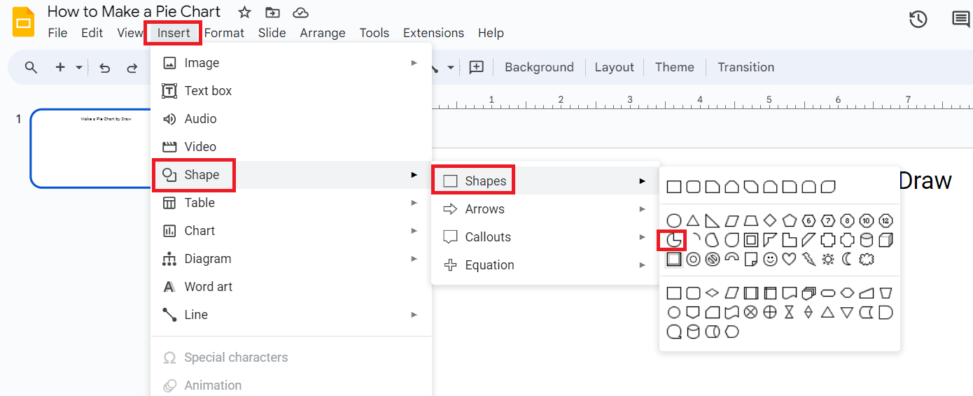 Select Pie Shape from Insert in Google Slides